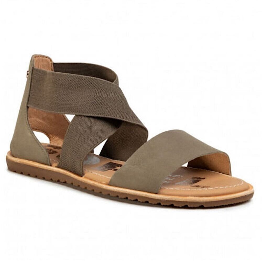 SOREL Ella NL3201-365 green Leather flats stretch slip on sandals size 9.5